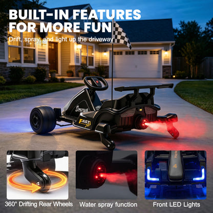 iYofe 12V Ride on Car for Kids, 360° Spin Drift Racing Go Kart with Powered PU Glowing Wheels, Water Spray Effect, Parent Remote Control, Electric Ride On Toys for Boys Girls Age 3-8