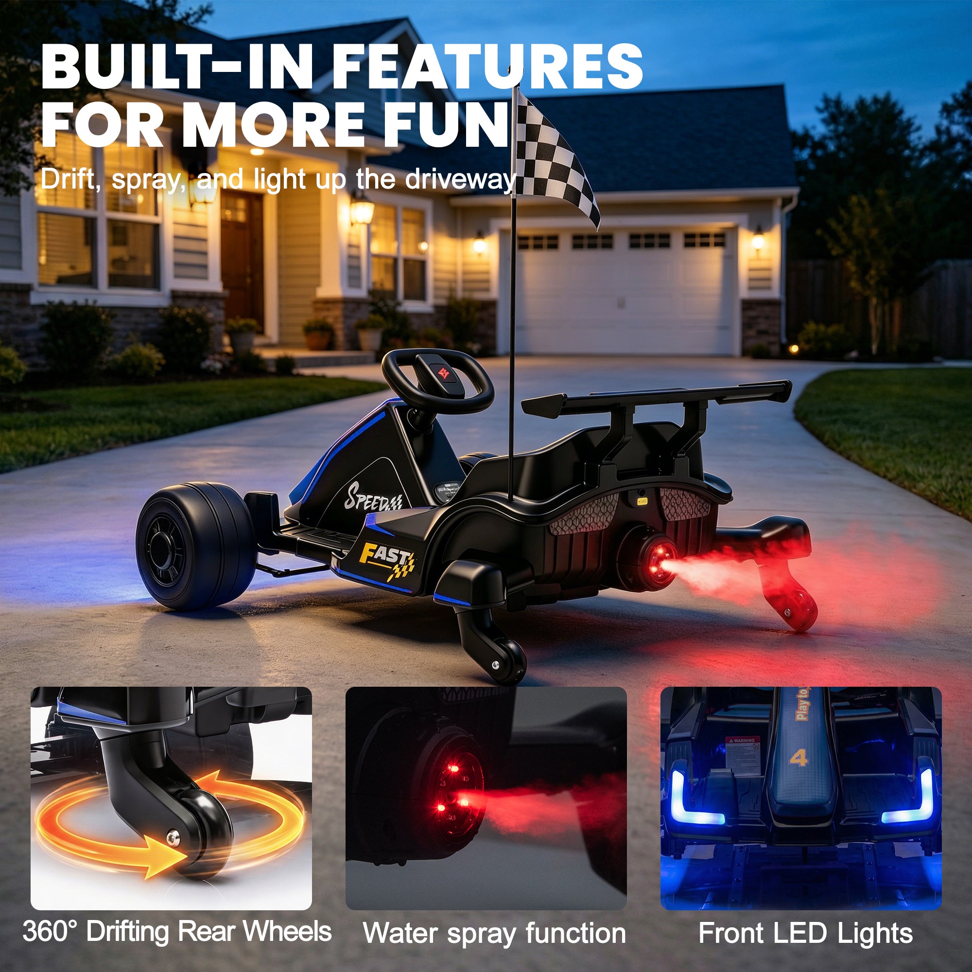 iYofe 12V Ride on Car for Kids, 360° Spin Drift Racing Go Kart with Powered PU Glowing Wheels, Water Spray Effect, Parent Remote Control, Electric Ride On Toys for Boys Girls Age 3-8