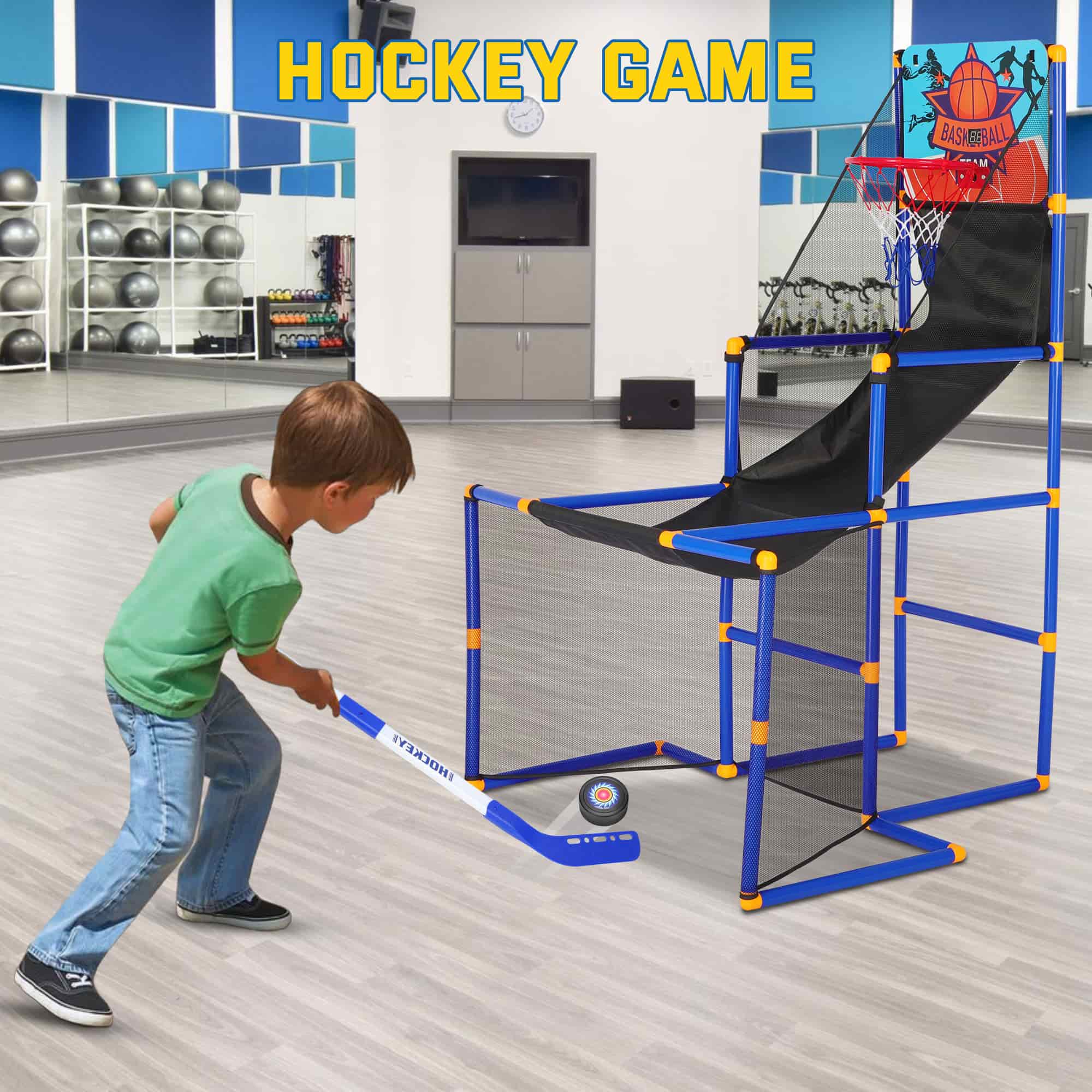 Toddler Basketball Hoop Set, 3-In-1 Arcade Basketball Game Indoor W/ Soccer Goal, Portable Indoor Outdoor Sports Play Toy, Gift for Ages 3-12 Boys Girls Air Pump and 6 Balls Included, 2 Hockey Sticks