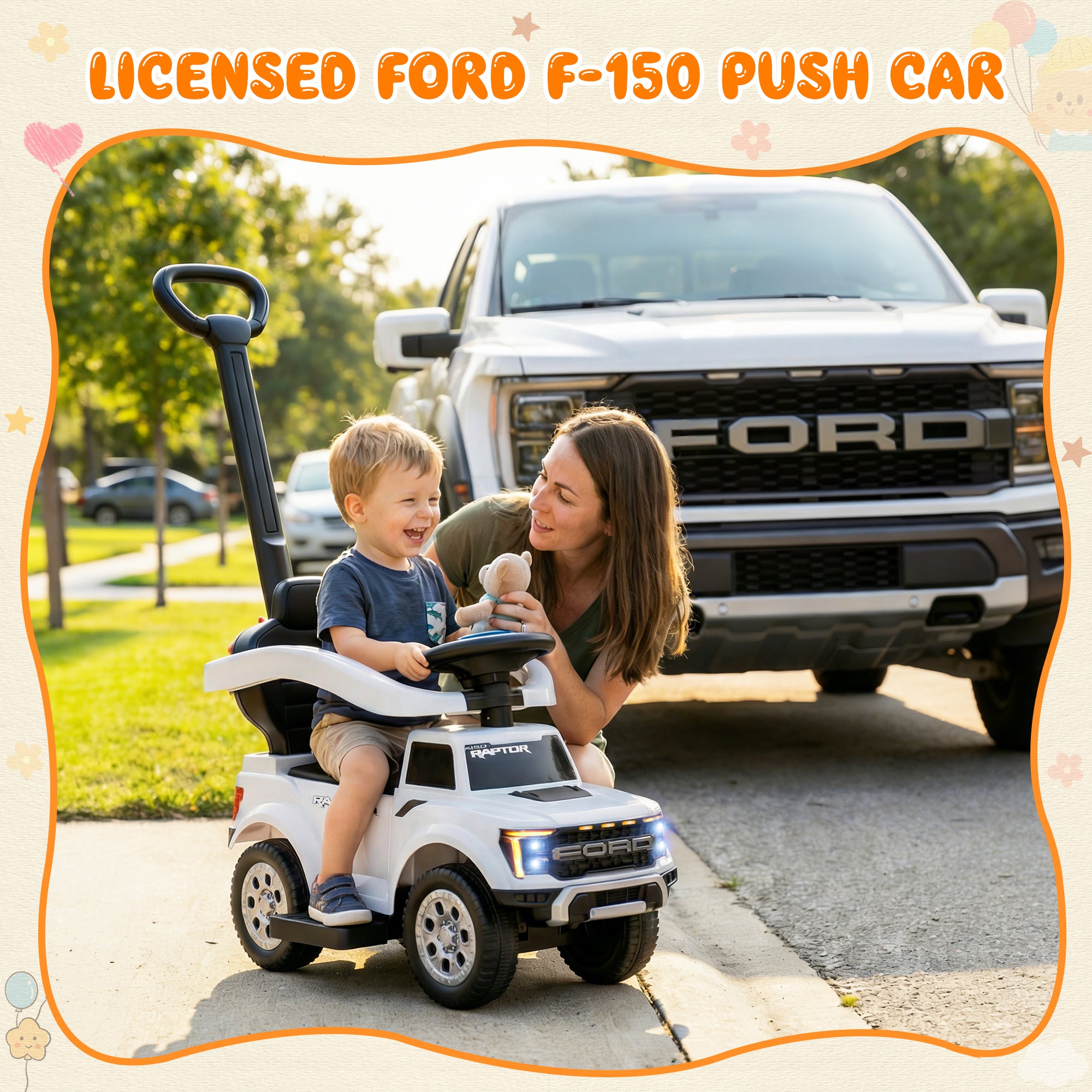 iYofe 3 In 1 Push Cars for Kids, Licensed Ford F-150 Kids Ride On Toys with Removable Parental Handle and Safety Rail, Horn, LED Lights, Ride On Car for Toddler Ages 18-36 Months, Black