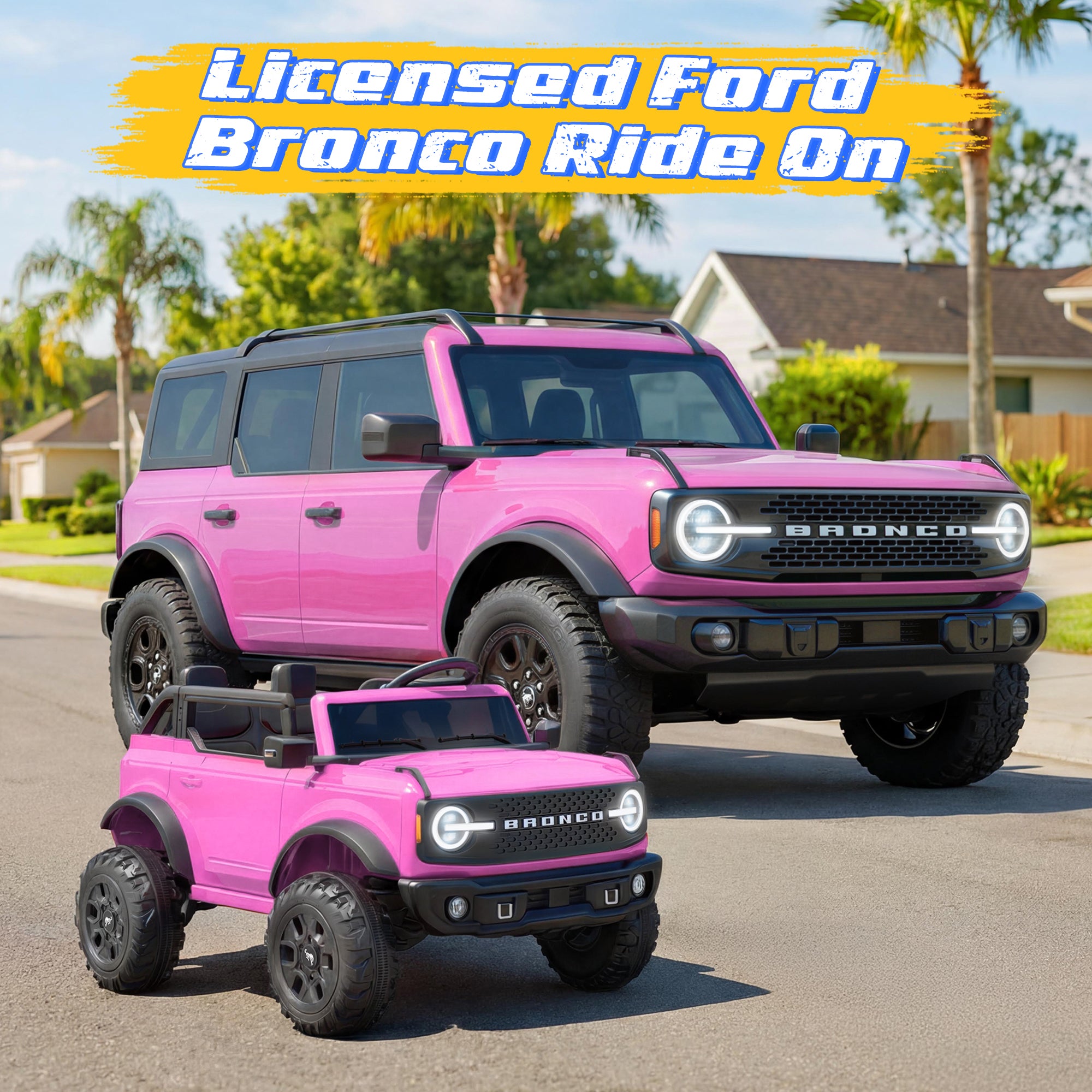 iYofe 24V Ride On Toys for Big Kids 2 Seat, Ford Bronco Base Powered Ride On Cars w/Remote Control, 4 Wheel Spring Suspension, Lights, Bluetooth, Kids Electric Car for Boys Girls Age 3-8, Pink