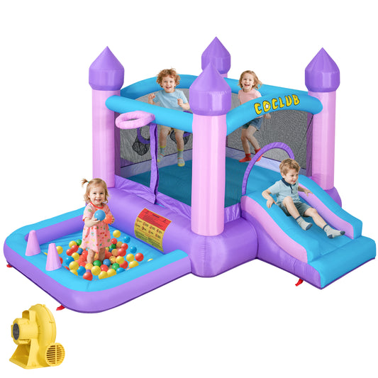 Bounce House with Blower, Outdoor Bounce Castle with Slide/Basketball Hoop/Ball Pit/Ring-toss Game/Pitching Game, Jump House for Kids Toddlers Ages 3-12