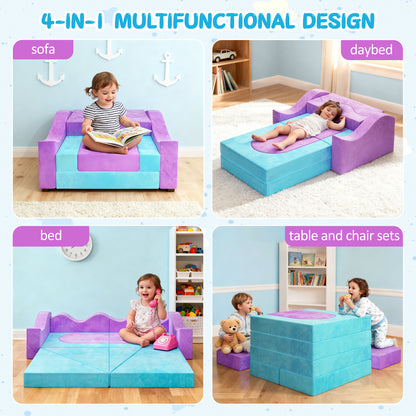 Modular Kids Play Couch Set for Toddlers Playroom, 12PCS Large Foldable Soft Kids Sofa, 3 in 1 Foam Convertible Couch Fort Building Floor Bed for Girls 3-5, Washable Velvet, Purple