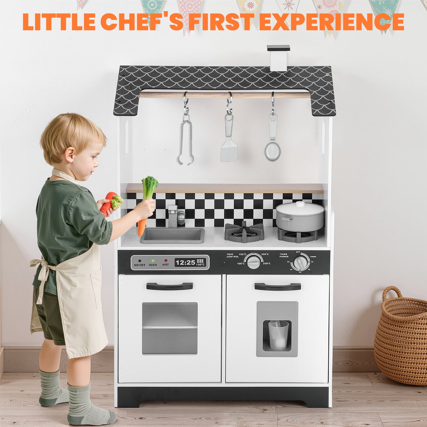 iYofe Wooden Play Kitchen for Toddlers 3-5, 2-in-1 Kids Kitchen & Laundry Playset, Montessori Toys with Realistic Cooking & Pretend Play Accessories, Learning Toys Gift for Girls & Boys