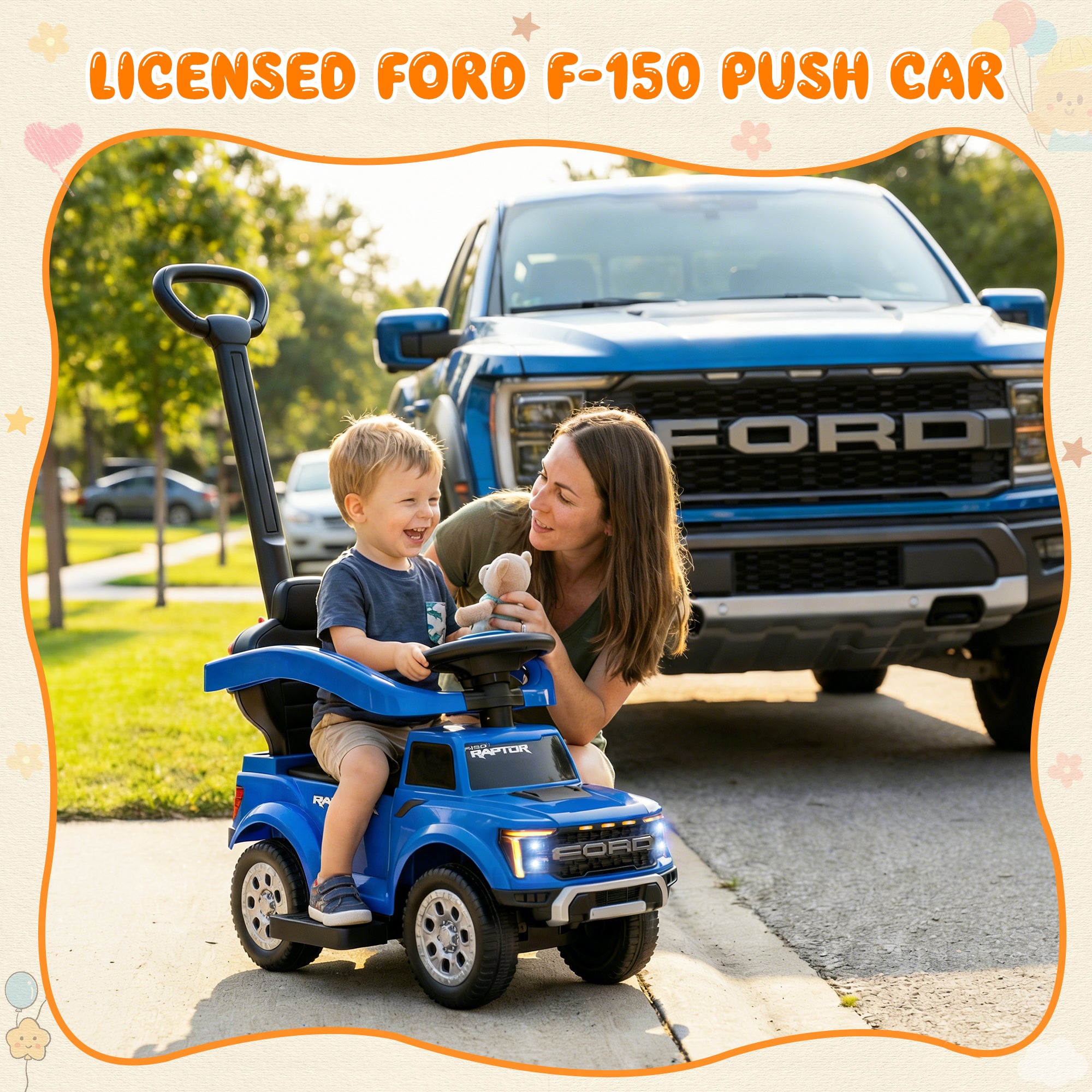 iYofe 3 In 1 Push Cars for Kids, Licensed Ford F-150 Kids Ride On Toys with Removable Parental Handle and Safety Rail, Horn, LED Lights, Ride On Car for Toddler Ages 18-36 Months, Black
