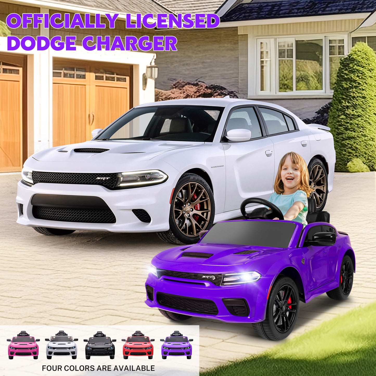 Dodge Electric Ride on Cars for Kids, 12V Licensed Dodge Charger SRT Powered Ride On Toys Cars with Parent Remote Control, Electric Car for Girls 3-5 w/Music Player/LED Headlights/Safety Belt, Purple