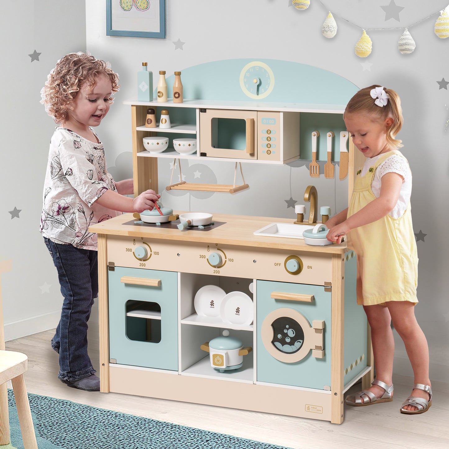 iYofe 15pcs Kids Wooden Play Kitchen Pretend Play Kitchen Playset with Washing Machine and Microwave, Twistable Knob and Clock, Blue