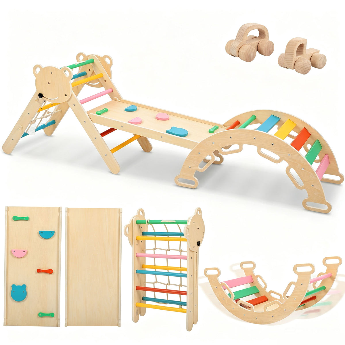 iYofe Pikler Triangle Set, Wooden Toddler Climber with Arch, Ramp, Climbing Net and 2 Wooden Cars, Indoor Play Gym for Ages 1-3