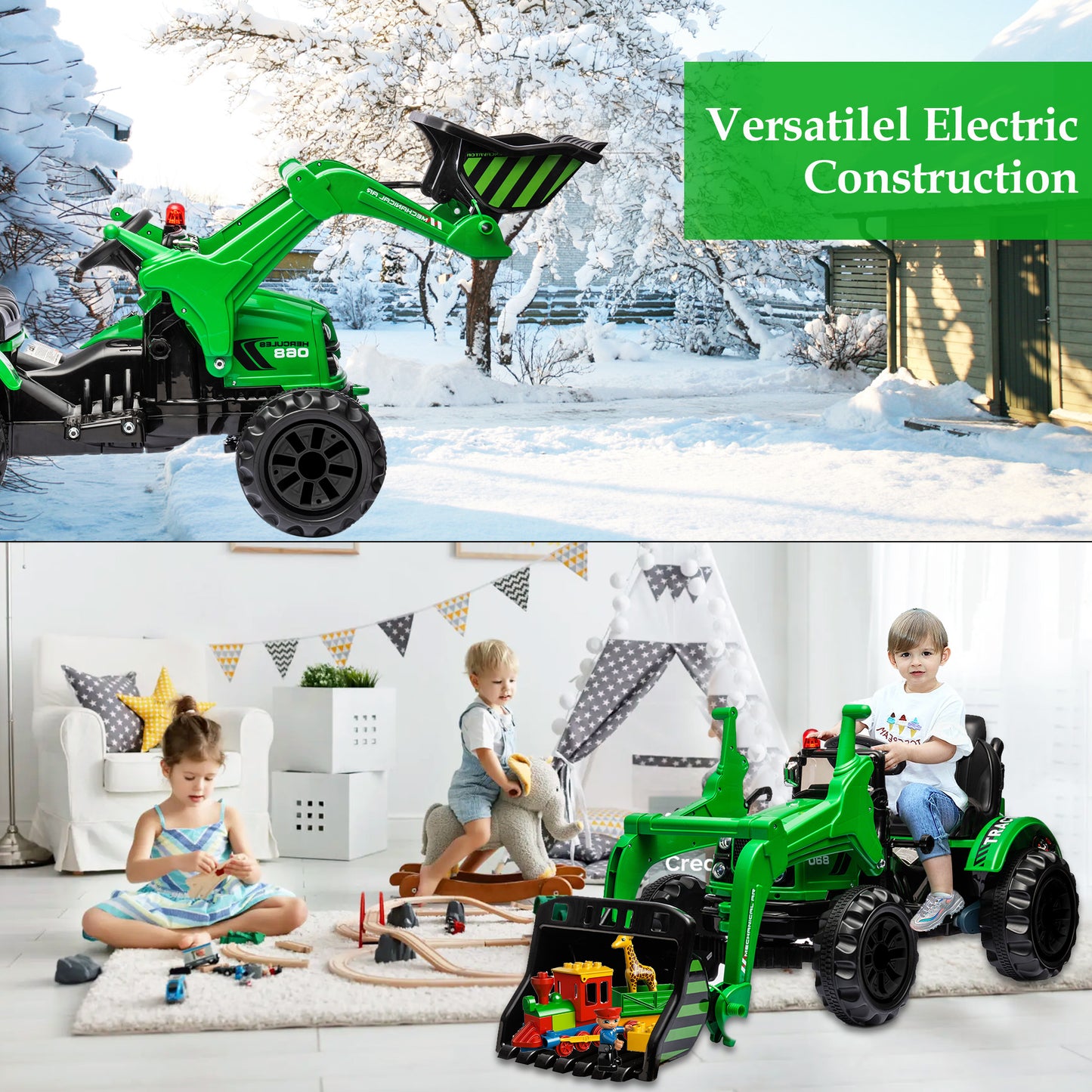 iYofe 12V Ride on Excavator with Front Digger Kids Ride on Car Electric Construction for 3-6 Years Old Boys and Girls Backhoe Ride on, 3 Speeds, Green