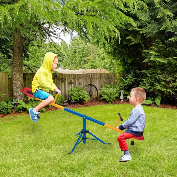 iYofe 360° whirl Seesaw, Outdoor Play Teeter Totter for 3-7 Years Old, Kids Playground Equipment for Backyard Garden, 2 Seats Teeter Totter with Stopper Poles, Ergonomic Seats and Non-slip Handles