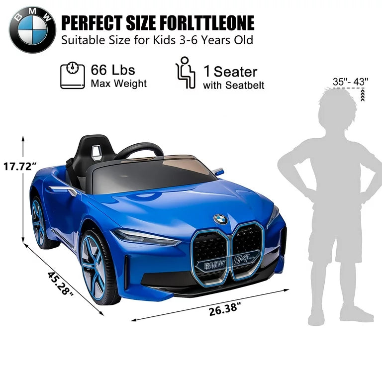 BMW i4 12V Kids Electric Ride-On Car with 2.4G Remote Control, Battery Powered Electric Vehicle Toys Car for 3-8 Years Old, Safety Belt, LED Lights, MP3, Horn, Music, Best Gift for Boys Girls (Blue)