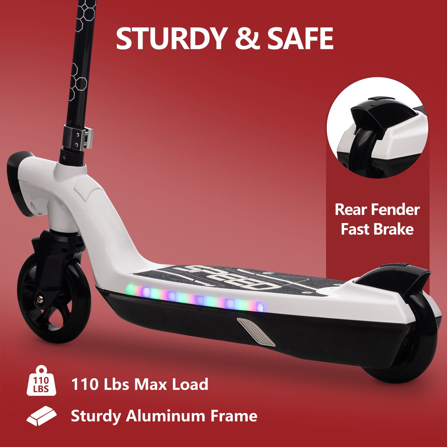 iRerts Kids Electric Scooter for 6-14 Year Old, Portable Kids Scooter for Boys Girls, 12V 45W Kids Electric Scooter with Front Big Light, Rear Brake, Colorful Deck Light, White