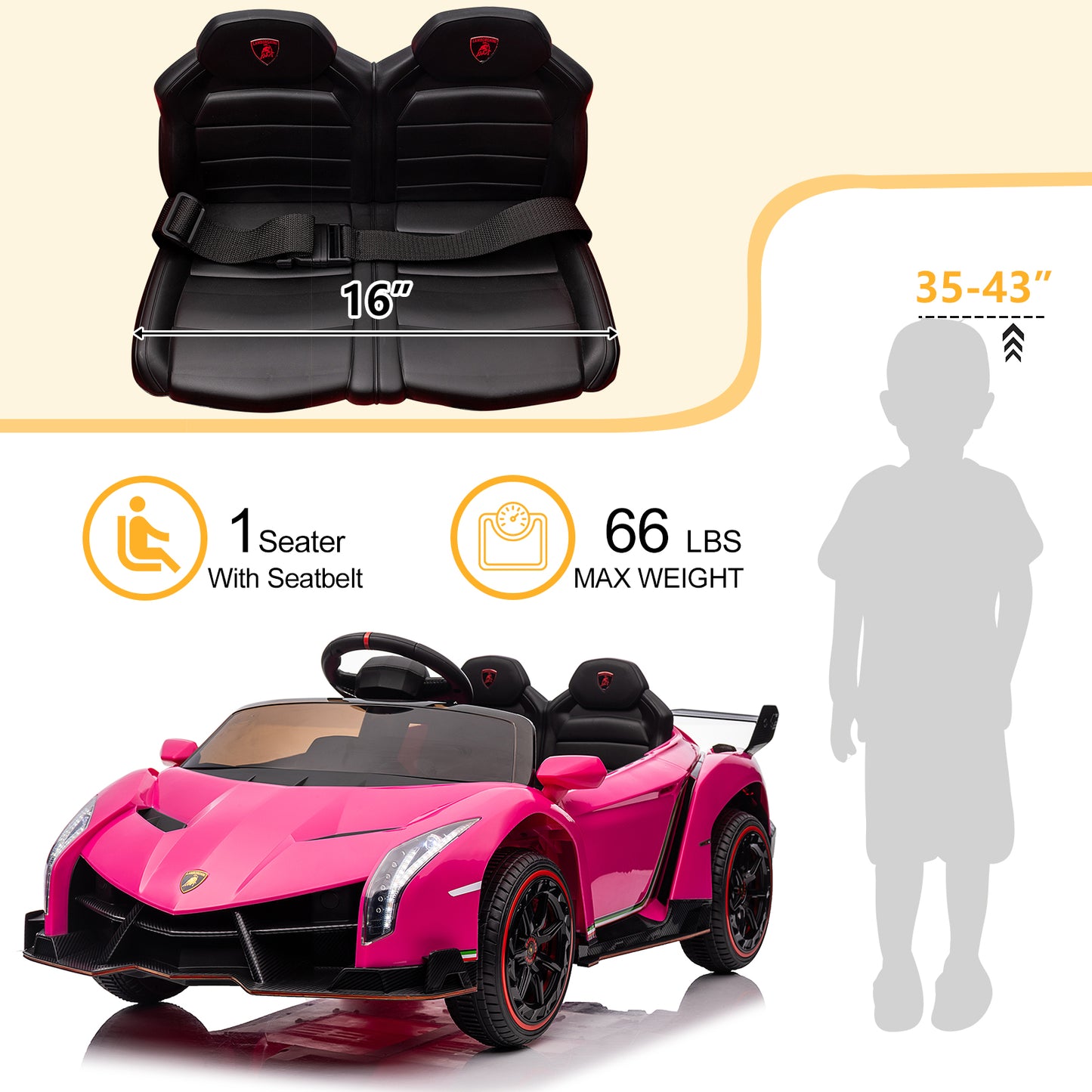 12V Lamborghini Ride on Car with Remote Control Ride on Toy for Boys and Girls 3-6 Years Old Battery Powered Kids Electric Vehicle Ride on Truck, Rocking Mode