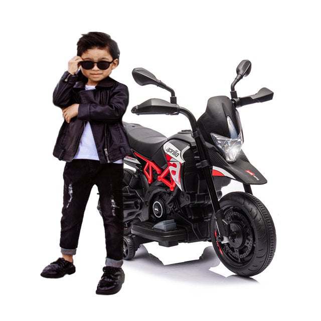 Aprilia 6V Electric Motorcycle for Kids, 2 Wheel Electric Motorcycle with 2 Training Wheels, Shock Absorber Spring, Music, LED, Ride on Toy for Boy Girl Birthday Gift, Red