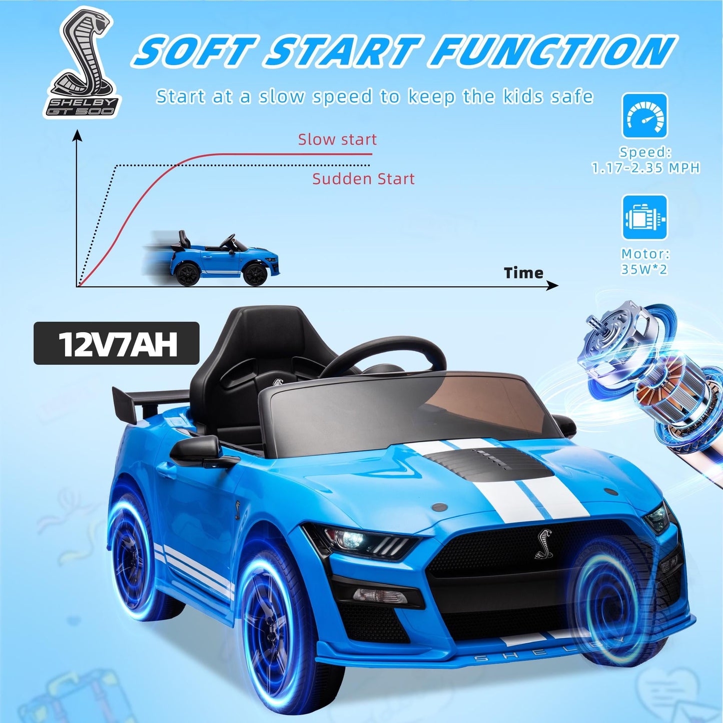 Ford Mustang Shelby 12V Ride On Car with Remote Control, Electric Car for Kids Toddler Electric Vehicle with Bluetooth, Radio, Music, USB Port, LED Lights, Battery Powered Ride on Toys for Kids, Blue