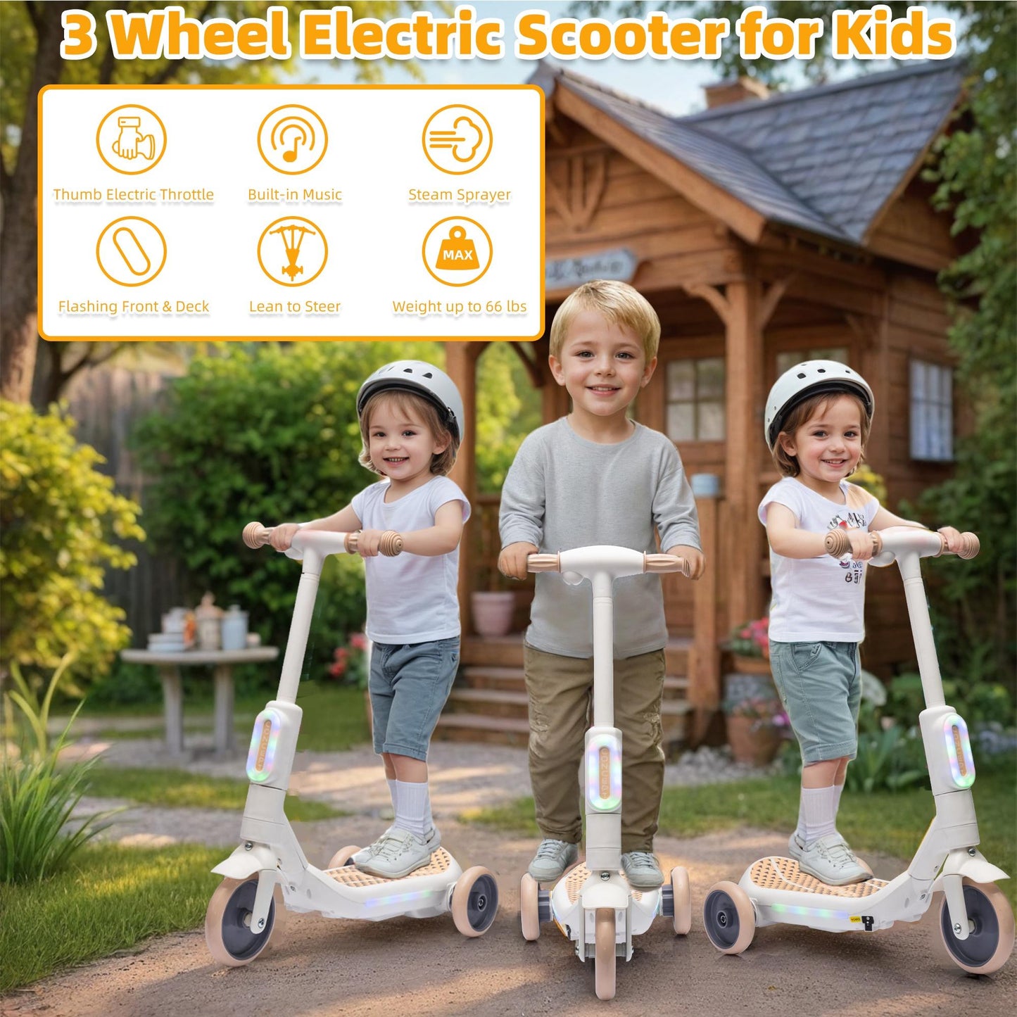 iYofe 3 Wheel Scooter for Kids, 6V Kids Electric Scooter for Boys Girls 3-6 Years Old, Kids Scooter for Toddlers with Music, Steam Sprayer, Colorful Front/Deck Light, White