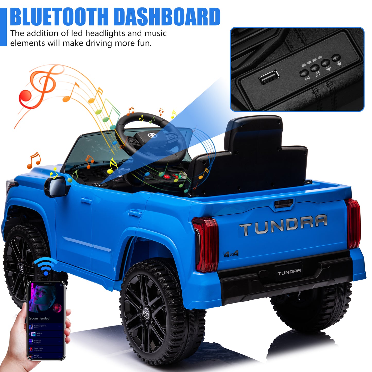 Toyota Tundra Pickup 12V 7A Ride On Cars for Kids, Ride On Toys with Remote Control, Battery Powered Kids Electric Vehicles with Bluetooth Music, USB, Electric Cars for Kids Boys Girls Gifts, Blue