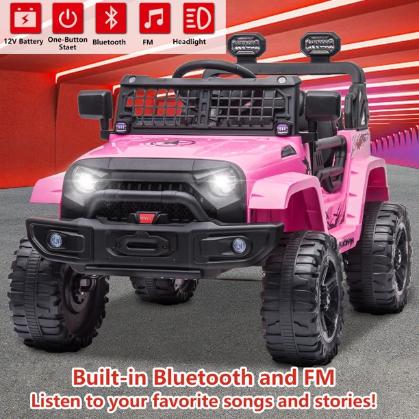 iYofe 12V Powered Ride On Tuck with Parent Remote Control, Foot Pedal, Bluetooth and FM, LED Headlights, Pink Ride on Toy for 2-4 Year Old Girls