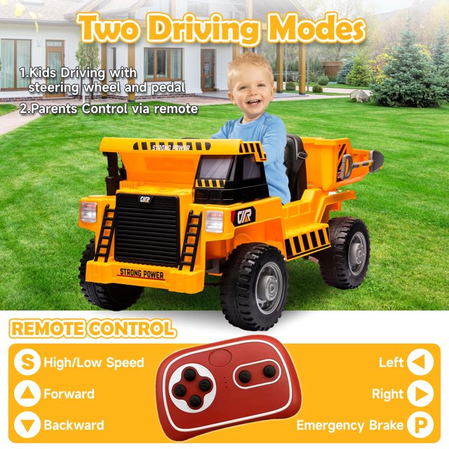 Ride on Dump Truck for Kids, 12V Power Ride on Cars with Remote Control, Bluetooth, Music Play, 4 Wheels Electric Dump Bed, Kid Shovel, Phone Stand, Ride on UTV Toy for Boys and Girls 3-6 Yrs