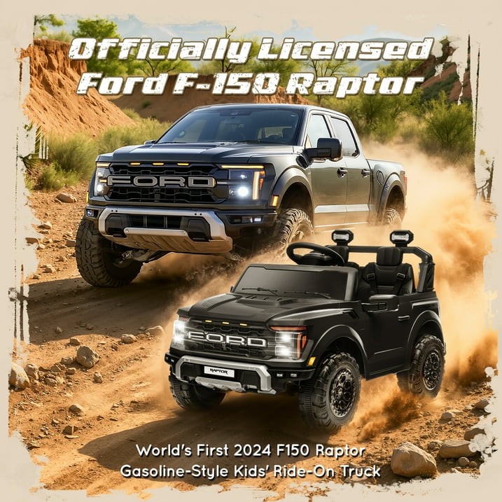 24V Ride on Toys for Big Kids, Ford F150 Raptor Battery Powered 2 Seater Ride on Cars with Remote Control, Electric Car Truck w/4 Wheelers/Bluetooth & Lights for Kids Girls Boys Ages 4-8, Black