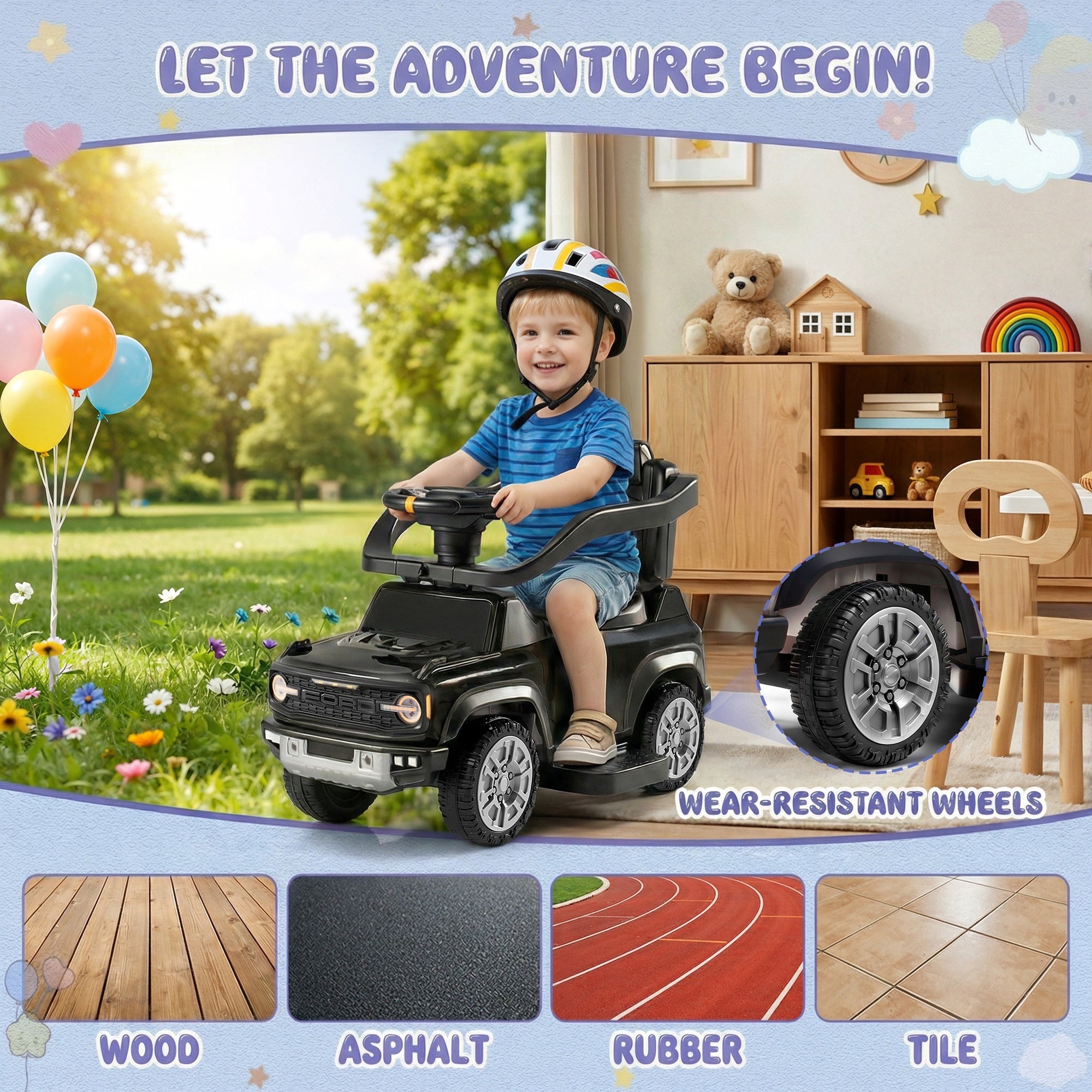 iYofe Kids Ride on Push Car, Licensed Ford Bronco Raptor Toddlers Ride on Toys with Horn, Music, Handle, Under Seat Storage, Kids Push Car for Toddlers 18 Months +, Black