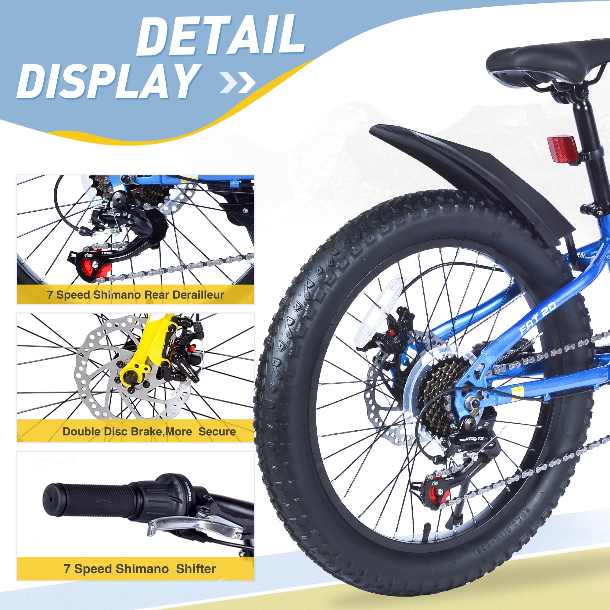20 inch Kids Mountain Bikes for Boys Girls, 7 Speed Fat Tire Mountain Bicycle w/ Disc Brakes, Bike for kids Ages 5-12 Years Old, City Bikes Street Suit for Rider Height 44"-56", 85% assembled (Blue)