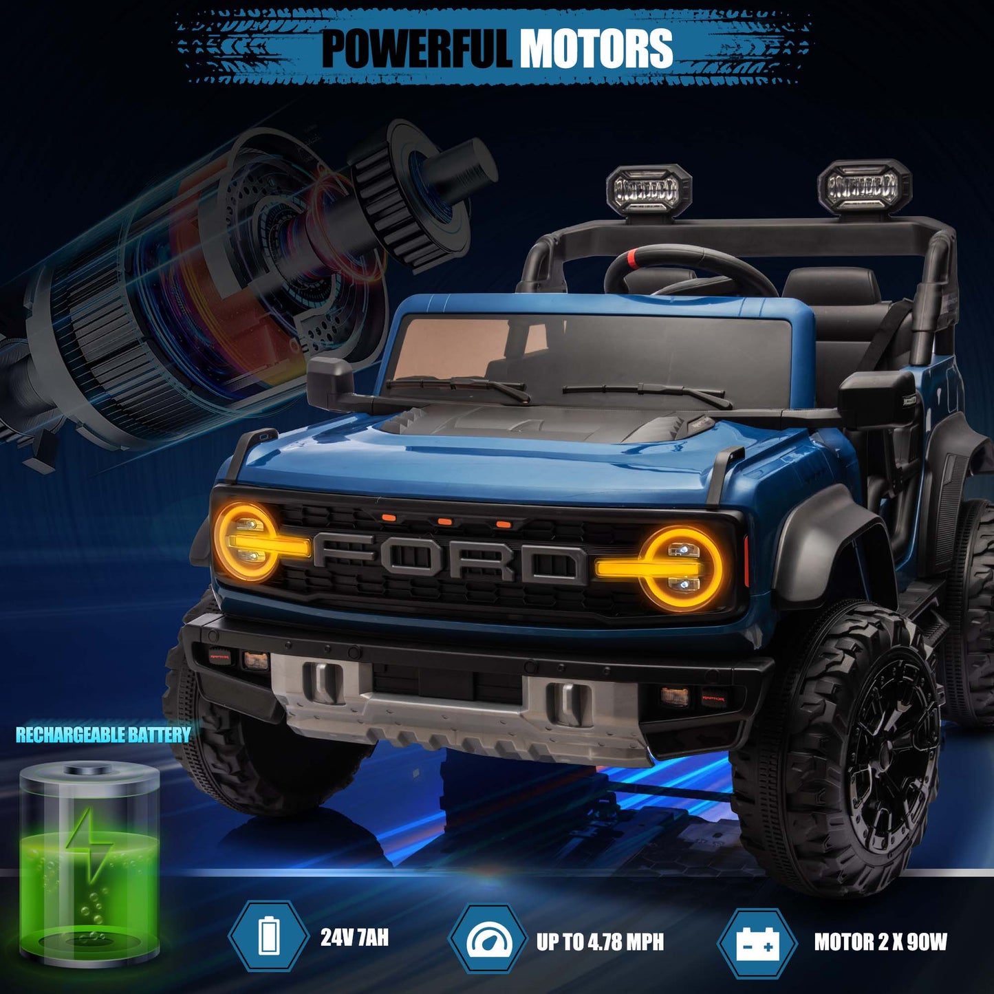 24V 2 Seater Ride on Cars, Licensed Ford Bronco Raptor Ride on Truck Toy with Remote Control, Powered Kids Car Electric Vehicles with Bluetooth/Music Player/LED Light/4 Wheels Spring Suspension, Blue