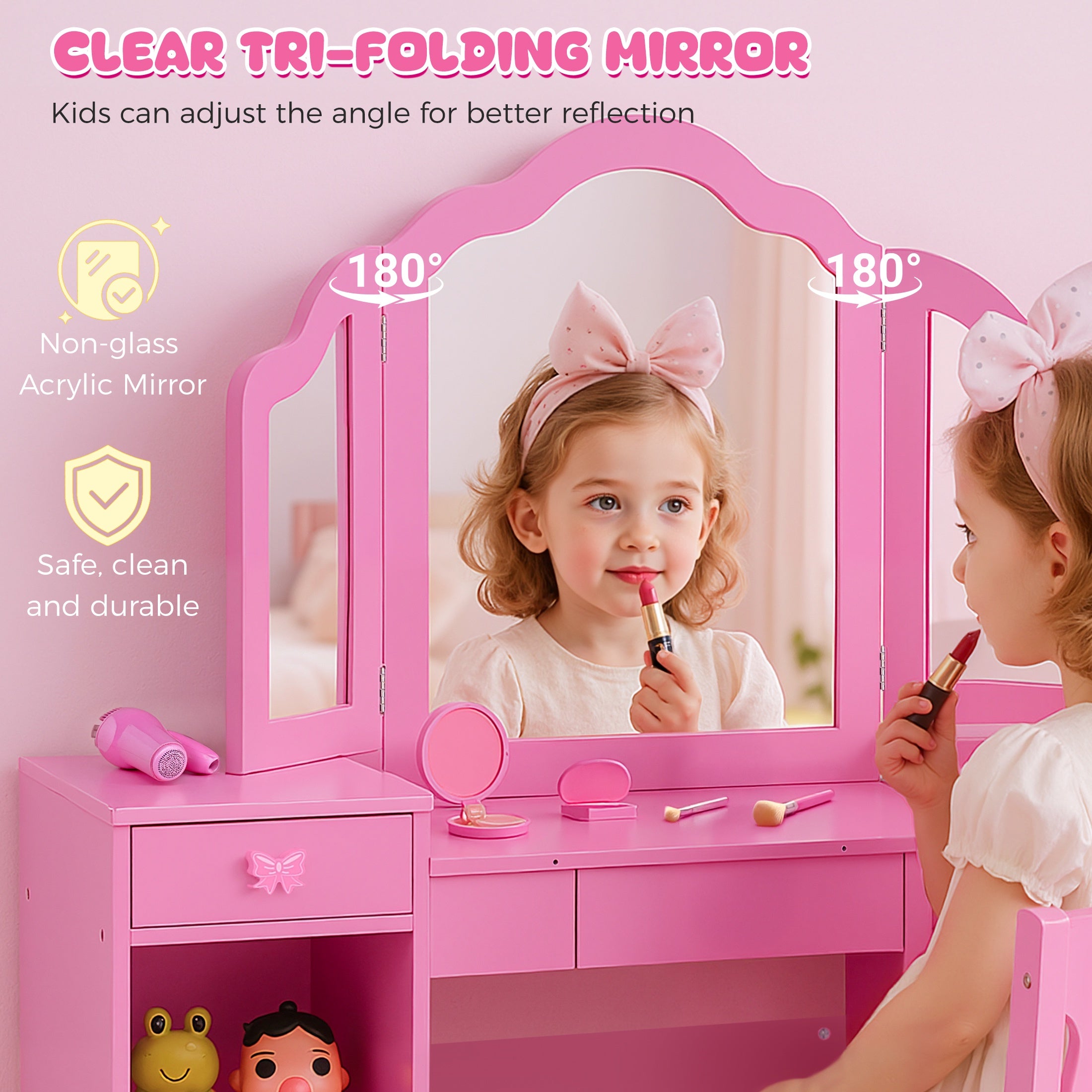 iYofe Kids Vanity Set, Girls Vanity Set with Mirror and Stool, Princess Girls Makeup Vanity Desk with Drawers, Open Storage Cabinet, Toddler Vanity Table and Chair Set for Little Girls Age 3-9, Pink