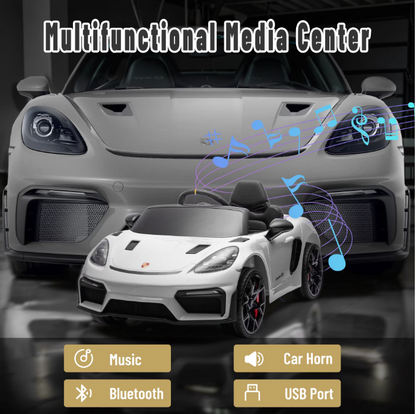 iYofe 12V Licensed Porsche Powered Ride On Car w/ Remote & Music, Ages 3+, White