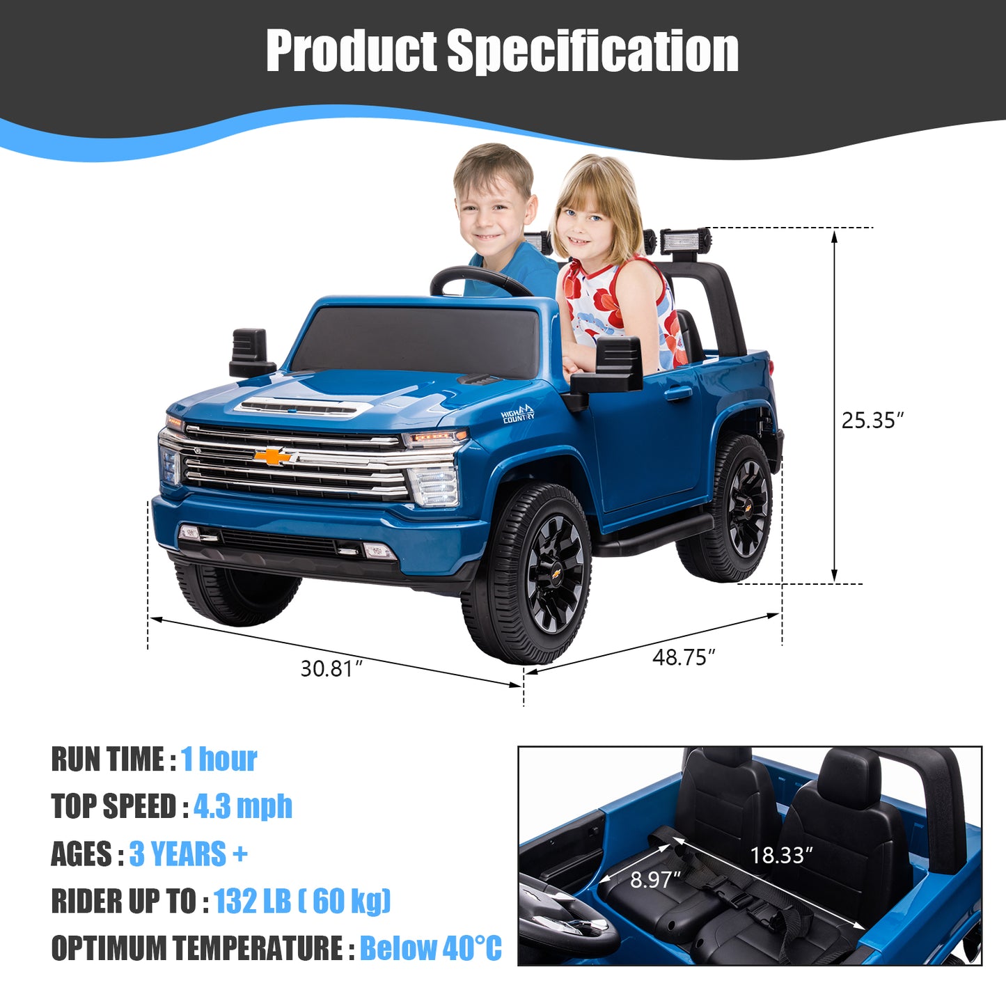 iYofe SILVERADO 12V Battery Powered Car Toy for Girls Boys, Kids Ride on Car for 3 4 5 Yrs with 2 Seats, Remote Control, LED Lights, MP3, Seat Belt, Electric Truck for Kids Birthday Gift, Black