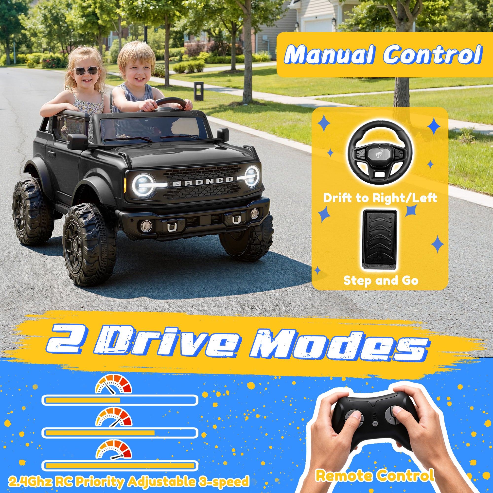 iYofe 24V Ride On Toys for Big Kids 2 Seat, Ford Bronco Base Powered Ride On Cars w/Remote Control, 4 Wheel Spring Suspension, Lights, Bluetooth, Kids Electric Car for Boys Girls Age 3-8, Pink