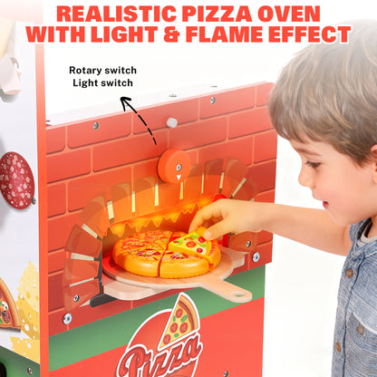 Wooden Pizza Food Truck Activity Center for Kids, 3+ | Play Kitchen for Kids with Wooden Play Food, Ice Cream Cart, Toy Kitchen Sets, Toddler Kitchen Playset, Pretend Play Food Truck Playset, Red