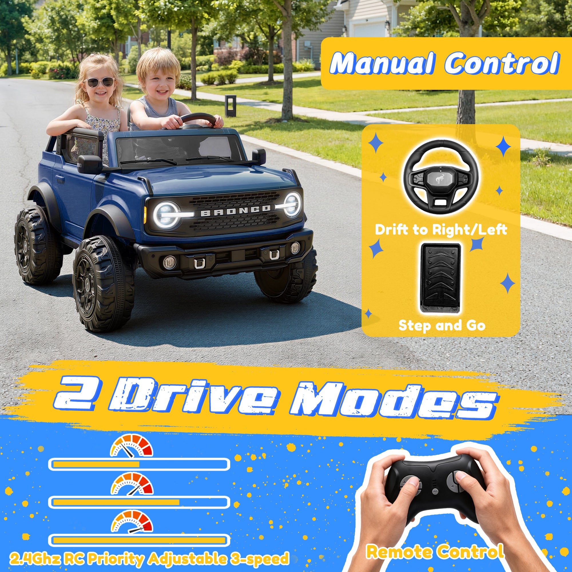 iYofe 24V Ride On Toys for Big Kids 2 Seat, Ford Bronco Base Powered Ride On Cars w/Remote Control, 4 Wheel Spring Suspension, Lights, Bluetooth, Kids Electric Car for Boys Girls Age 3-8, Pink