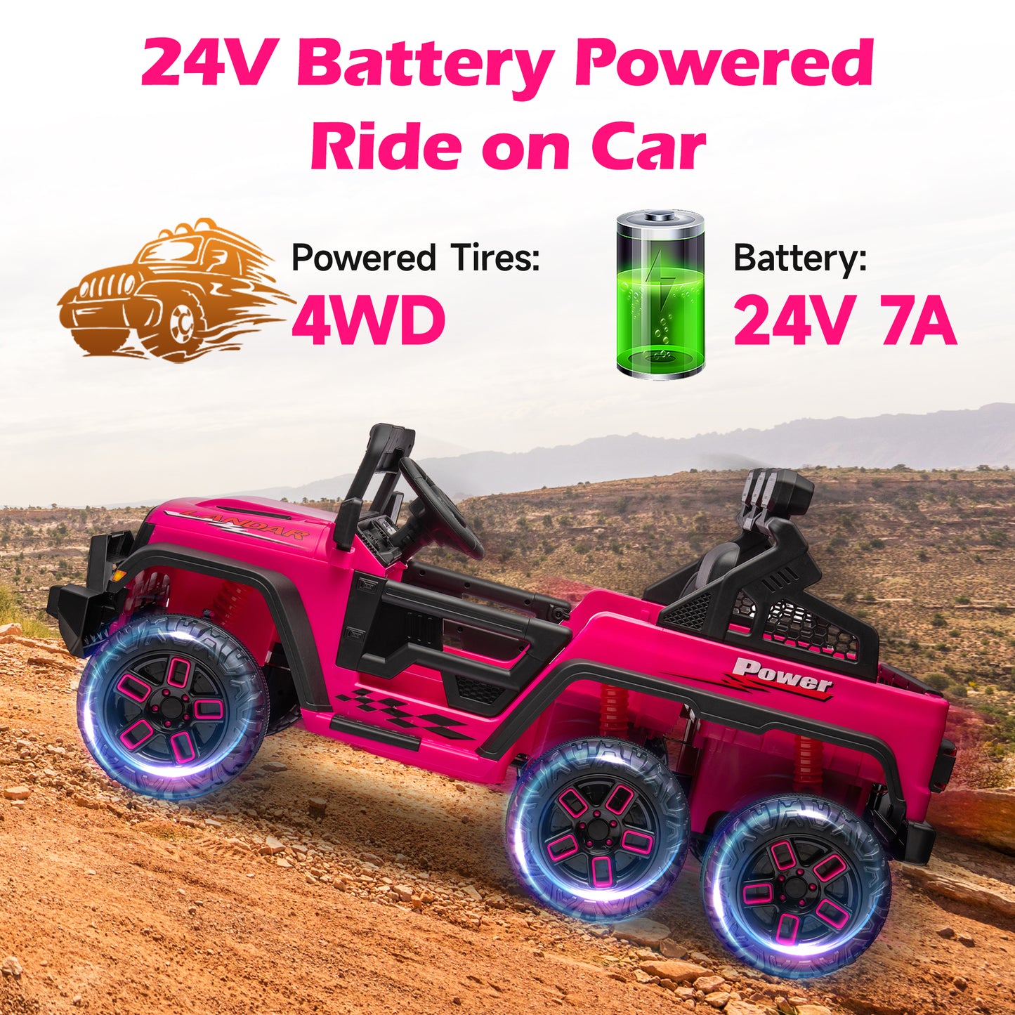 24V 4WD Kids Ride on Truck with Remote Control Ride on Toy for Boys and Girls Powerful Electric Vehicles Ride on Car for Kids 3-8 Years Old, Rear Storage Box, Bluetooth