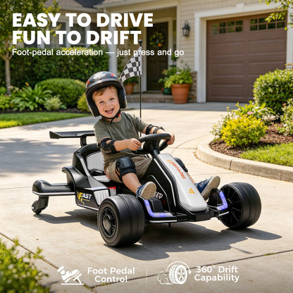 iYofe 12V Ride on Car for Kids, 360° Spin Drift Racing Go Kart with Powered PU Glowing Wheels, Water Spray Effect, Parent Remote Control, Electric Ride On Toys for Boys Girls Age 3-8