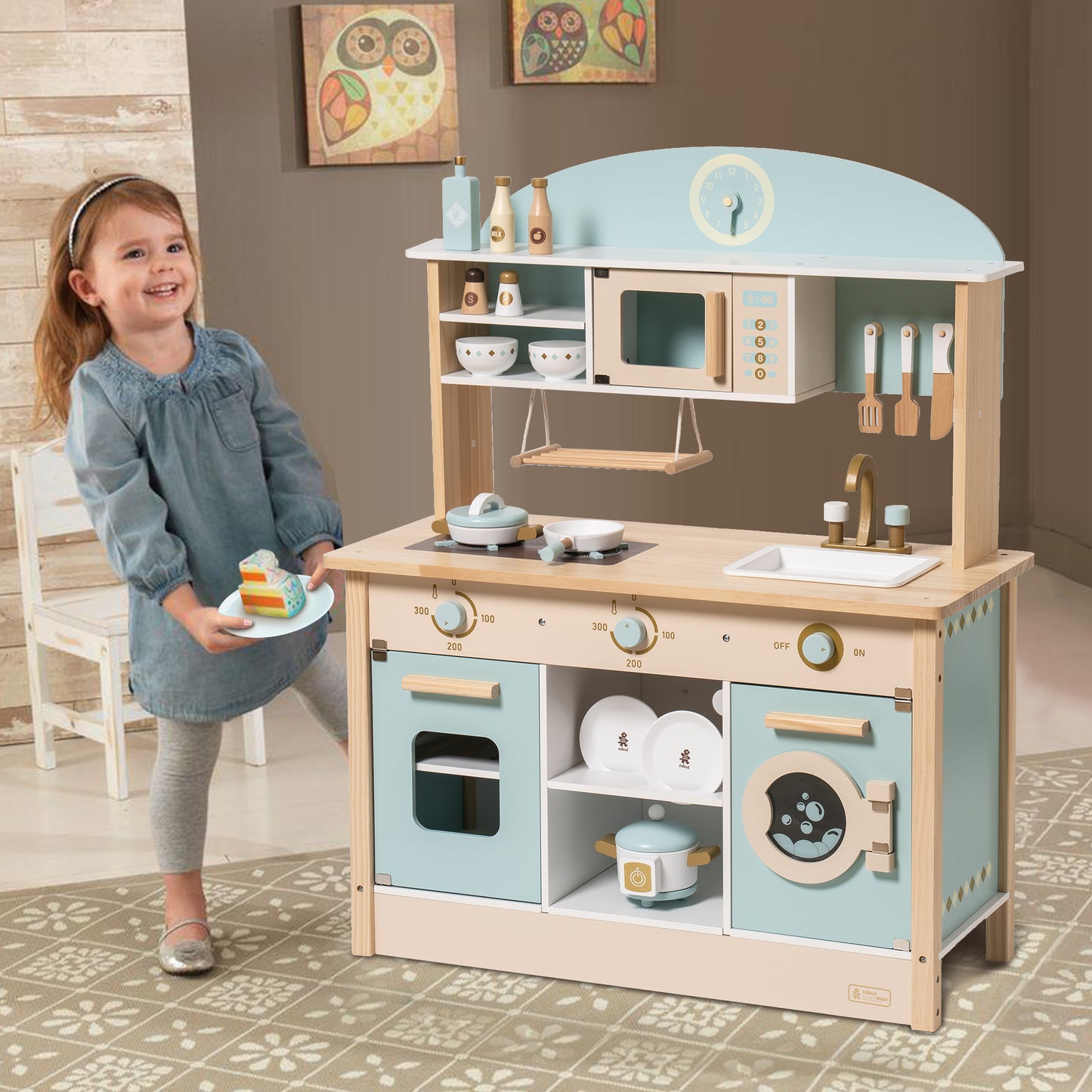 iYofe 15pcs Kids Wooden Play Kitchen Pretend Play Kitchen Playset with Washing Machine and Microwave, Twistable Knob and Clock, Blue