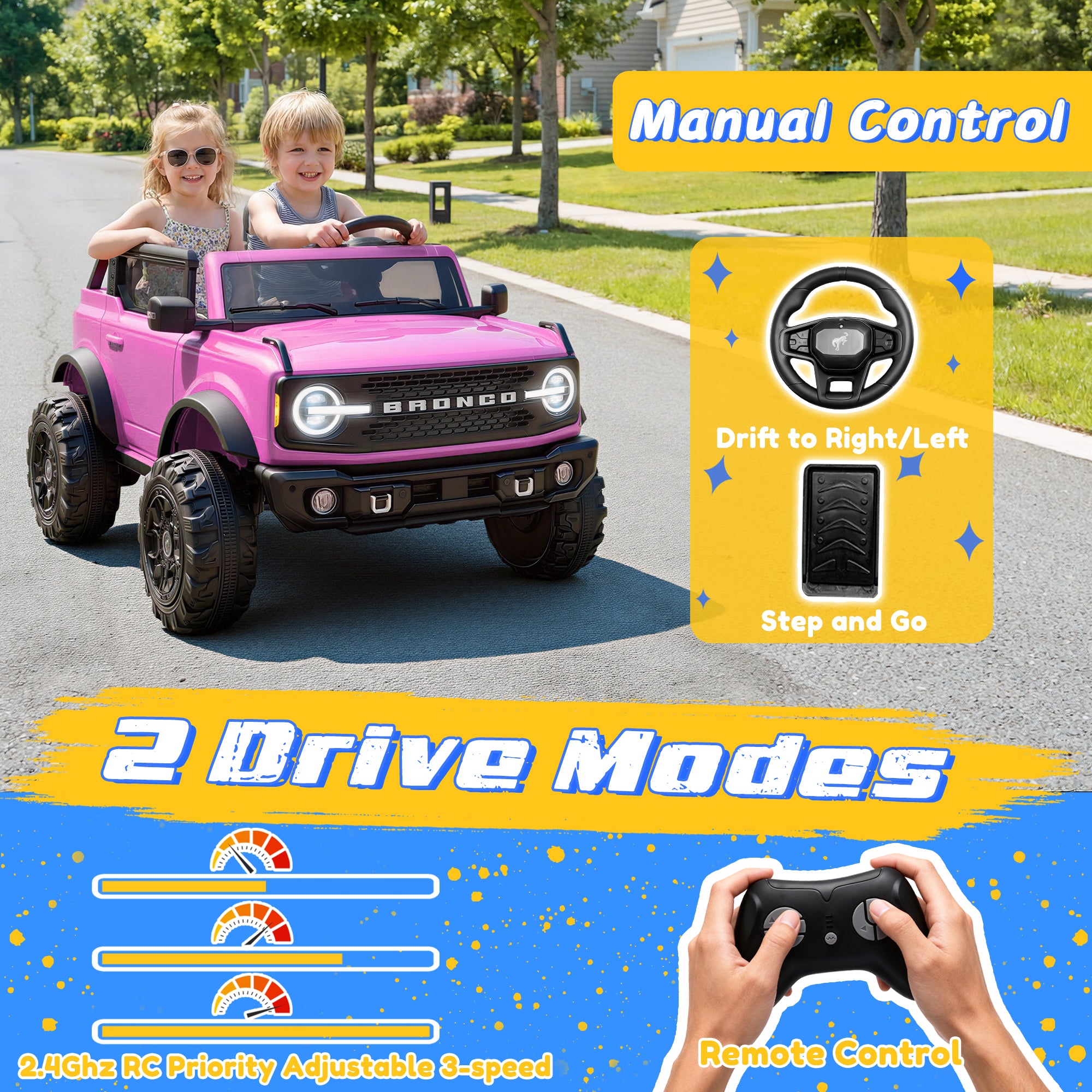 iYofe 24V Ride On Toys for Big Kids 2 Seat, Ford Bronco Base Powered Ride On Cars w/Remote Control, 4 Wheel Spring Suspension, Lights, Bluetooth, Kids Electric Car for Boys Girls Age 3-8, Pink