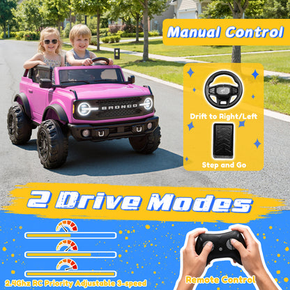 iYofe 24V Ride On Toys for Big Kids 2 Seat, Ford Bronco Base Powered Ride On Cars w/Remote Control, 4 Wheel Spring Suspension, Lights, Bluetooth, Kids Electric Car for Boys Girls Age 3-8, Pink