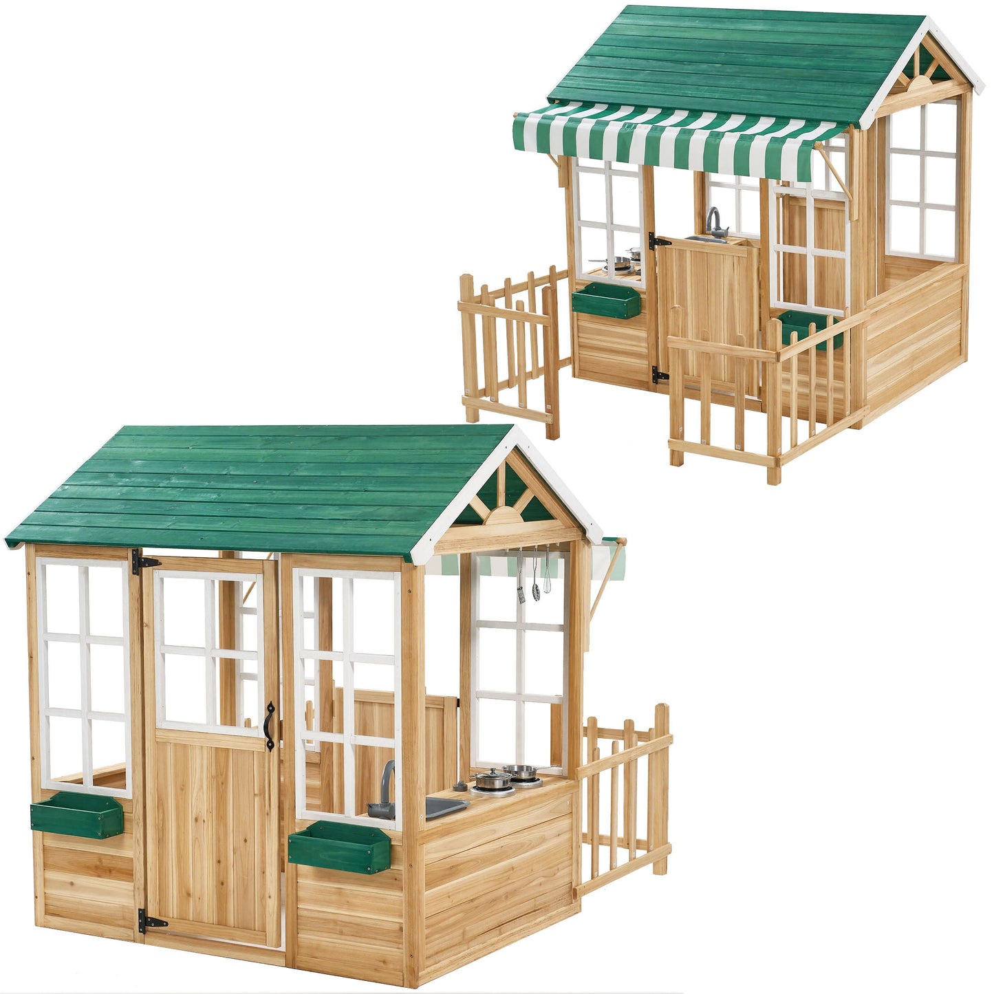 iYofe Outdoor Playhouse, Wooden Play Houses for Toddlers 1-3, Outside Playhouse with KitchenToyset, Flowerpot Holders, Fence (49.5"x62.3"x52.8")