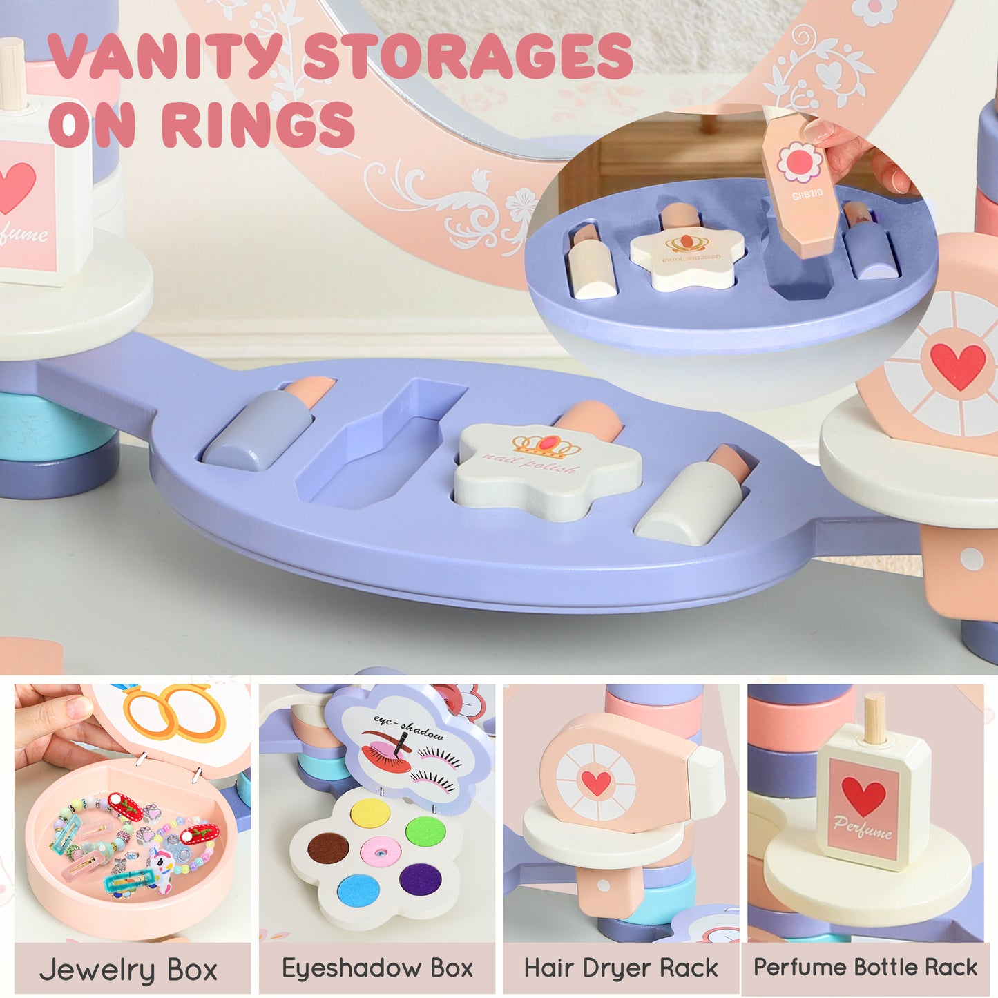 Kids Vanity Set for Girls with Mirror, 12PCS Toddler Vanity Table and Chair Set with Makeup Toys, Wood Dressing Table with Jewelry Box, Eyeshadow, Comb, Pink