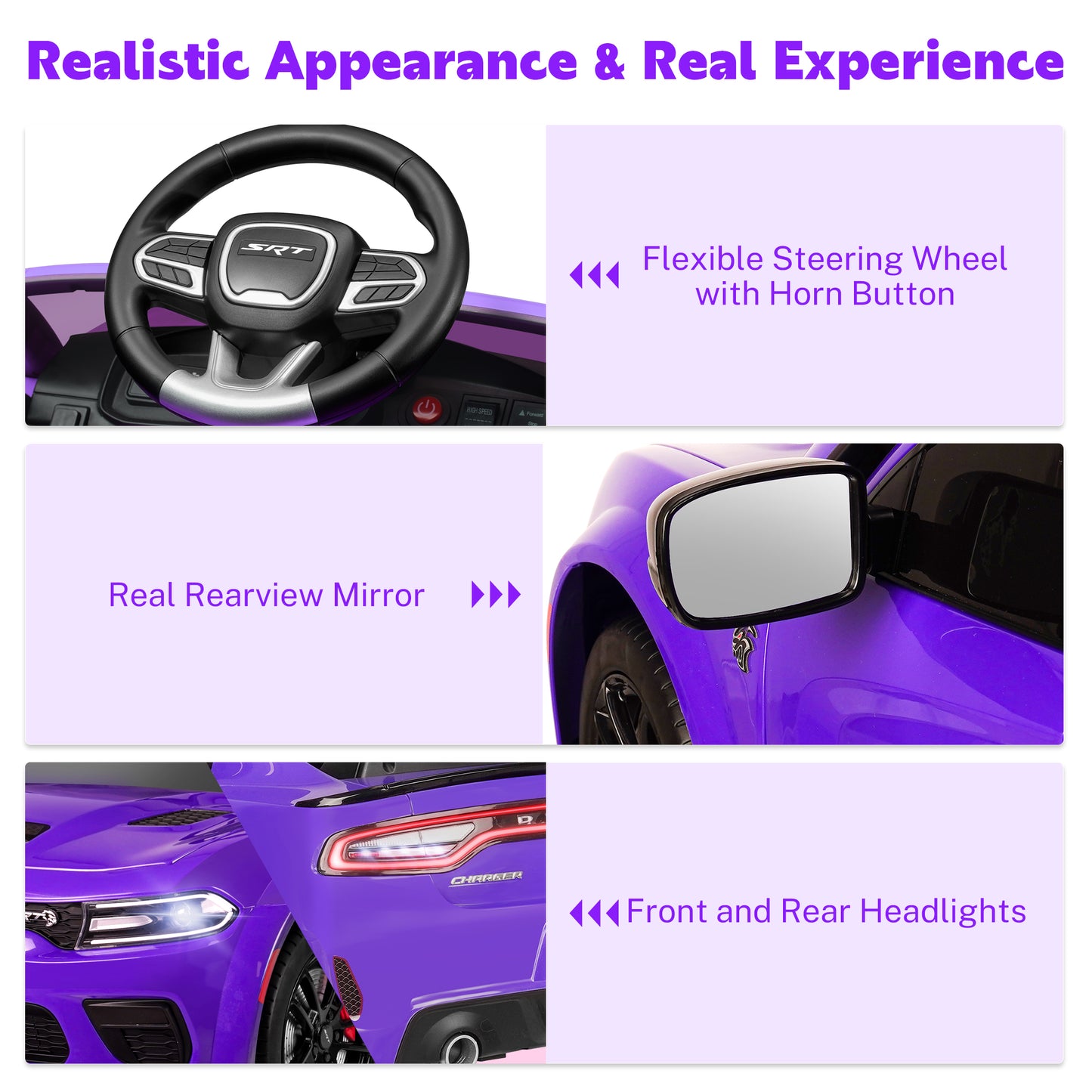 Dodge Electric Ride on Cars for Kids, 12V Licensed Dodge Charger SRT Powered Ride On Toys Cars with Parent Remote Control, Electric Car for Girls 3-5 w/Music Player/LED Headlights/Safety Belt, Purple