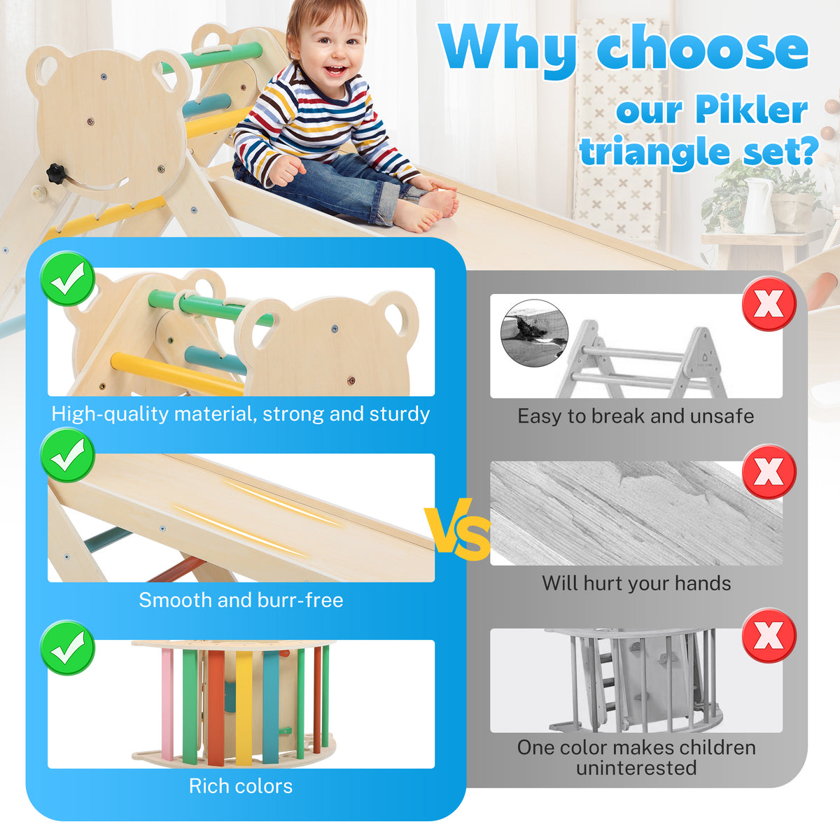 iYofe Pikler Triangle Set, Wooden Toddler Climber with Arch, Ramp, Climbing Net and 2 Wooden Cars, Indoor Play Gym for Ages 1-3