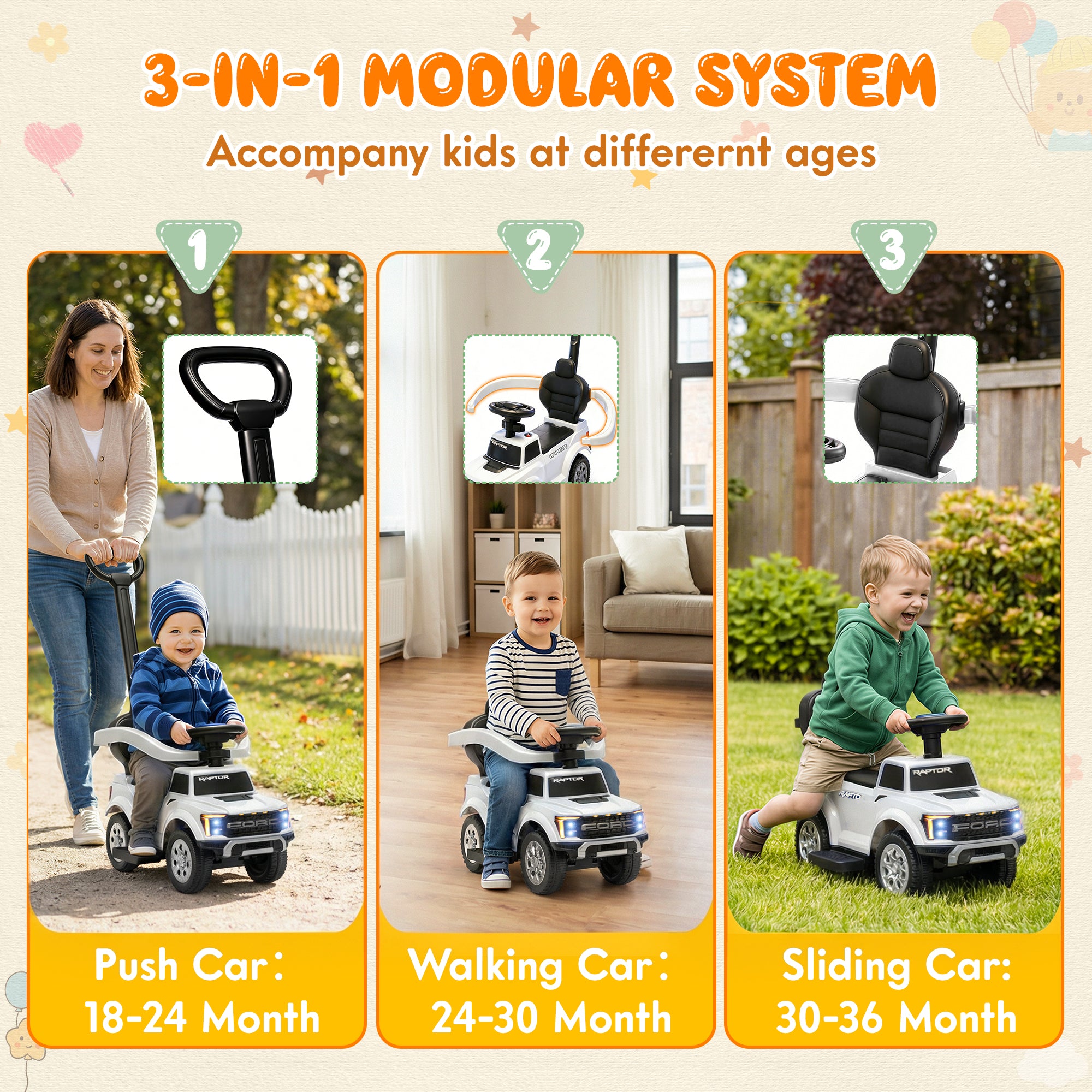 iYofe 3 In 1 Push Cars for Kids, Licensed Ford F-150 Kids Ride On Toys with Removable Parental Handle and Safety Rail, Horn, LED Lights, Ride On Car for Toddler Ages 18-36 Months, Black