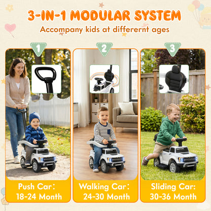 iYofe 3 In 1 Push Cars for Kids, Licensed Ford F-150 Kids Ride On Toys with Removable Parental Handle and Safety Rail, Horn, LED Lights, Ride On Car for Toddler Ages 18-36 Months, Black