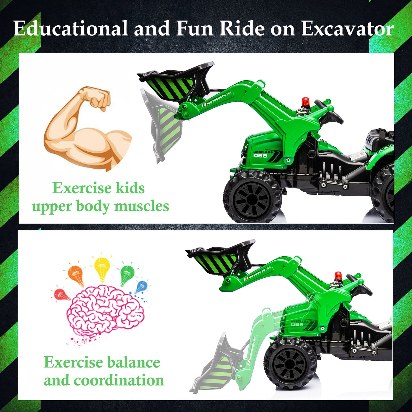 iYofe 12V Ride on Excavator with Front Digger Kids Ride on Car Electric Construction for 3-6 Years Old Boys and Girls Backhoe Ride on, 3 Speeds, Green