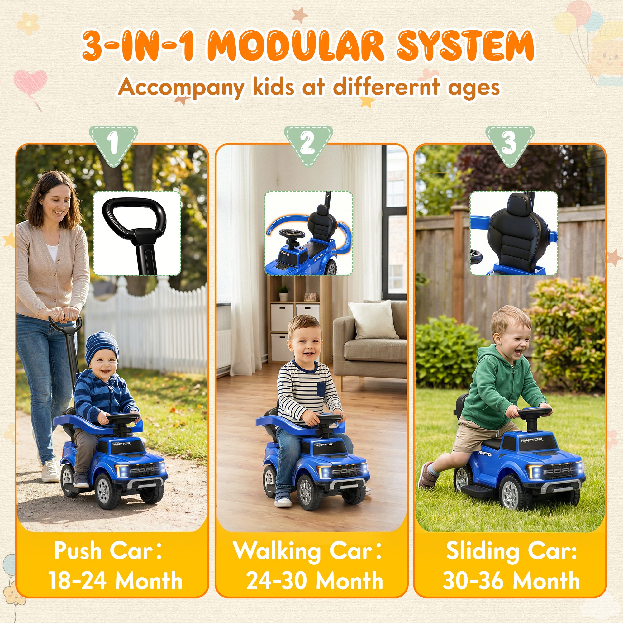 iYofe 3 In 1 Push Cars for Kids, Licensed Ford F-150 Kids Ride On Toys with Removable Parental Handle and Safety Rail, Horn, LED Lights, Ride On Car for Toddler Ages 18-36 Months, Black