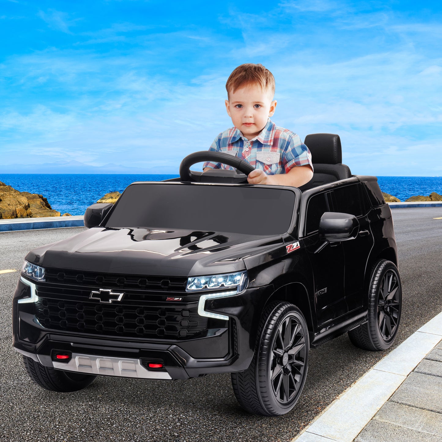 Chevrolet Tahoe Kids Ride on Car, 12V Powered Ride on Toy with Remote Control, 4 Wheels Suspension, Safety Belt, MP3 Player, LED Lights, Electric Vehicles for 3-5 Years Boys Girls