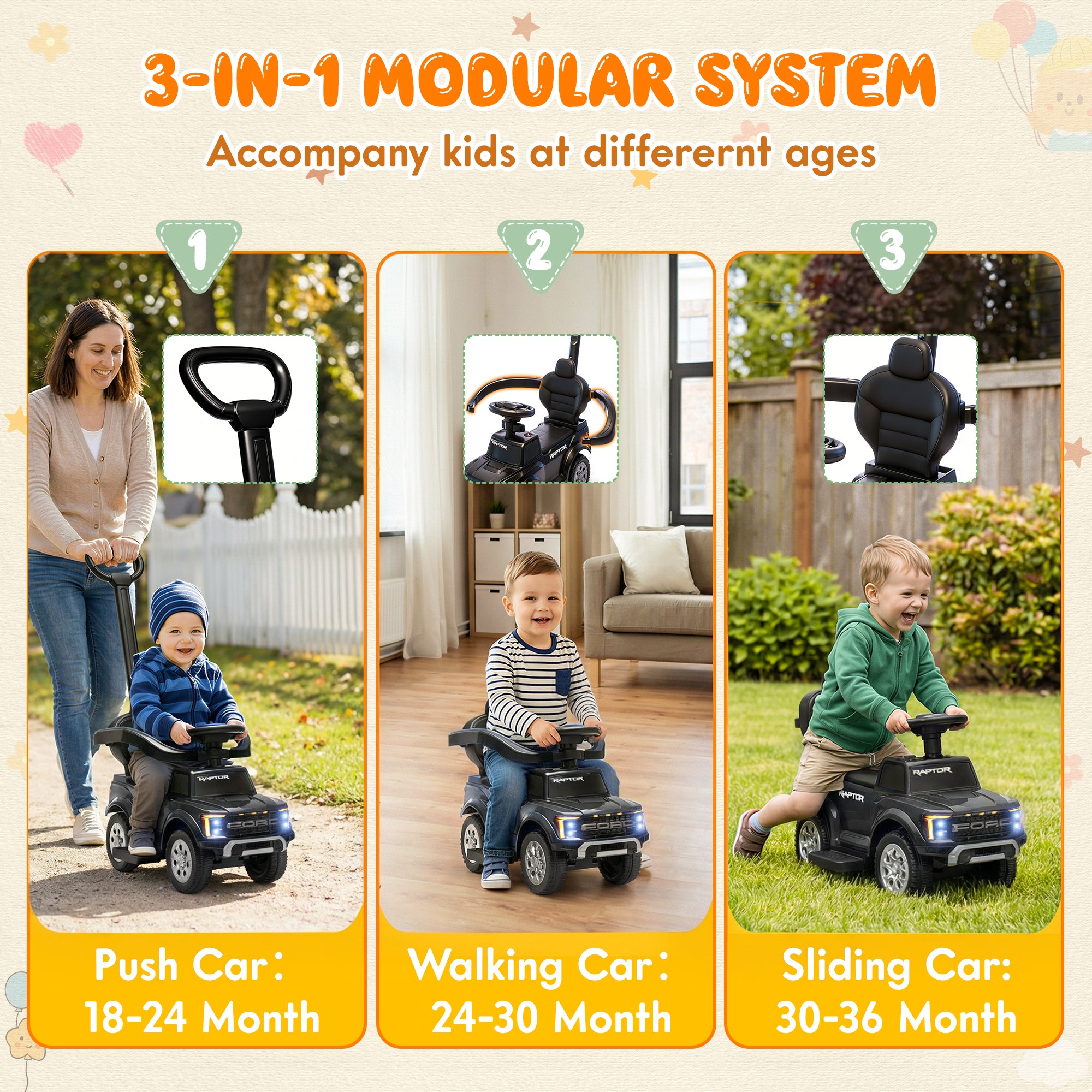 iYofe 3 In 1 Push Cars for Kids, Licensed Ford F-150 Kids Ride On Toys with Removable Parental Handle and Safety Rail, Horn, LED Lights, Ride On Car for Toddler Ages 18-36 Months, Black