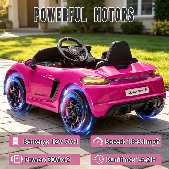 iYofe 12V Licensed Porsche Powered Ride On Car w/ Remote & Music, Ages 3+,Pink
