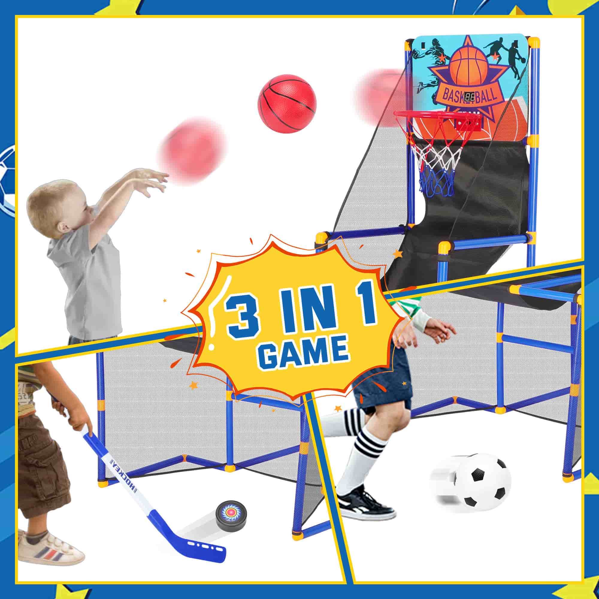 Toddler Basketball Hoop Set, 3-In-1 Arcade Basketball Game Indoor W/ Soccer Goal, Portable Indoor Outdoor Sports Play Toy, Gift for Ages 3-12 Boys Girls Air Pump and 6 Balls Included, 2 Hockey Sticks